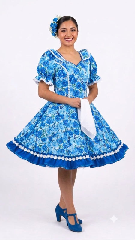 Vestido de Cueca TALLA M Floreado Azul