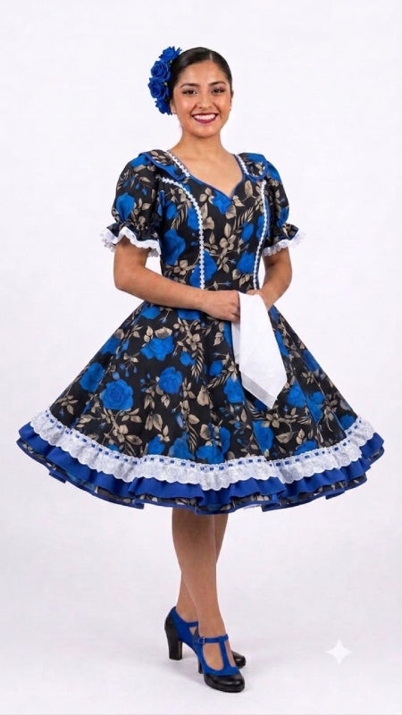 Vestido de Cueca TALLA M Floreado Azul Rey