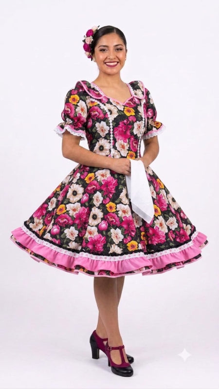 Vestido de Cueca TALLA M Floreado Rosa