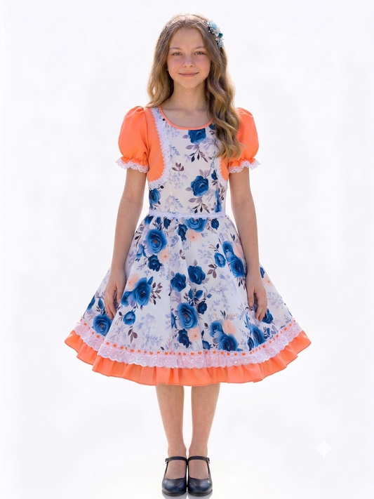 Vestido de Cueca para Niña – TALLA 12 Naranja