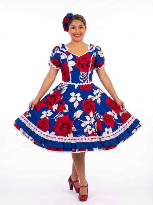 Vestido de Cueca TALLA Standar Tela Sofia Elasticada Azul Rey Rojo