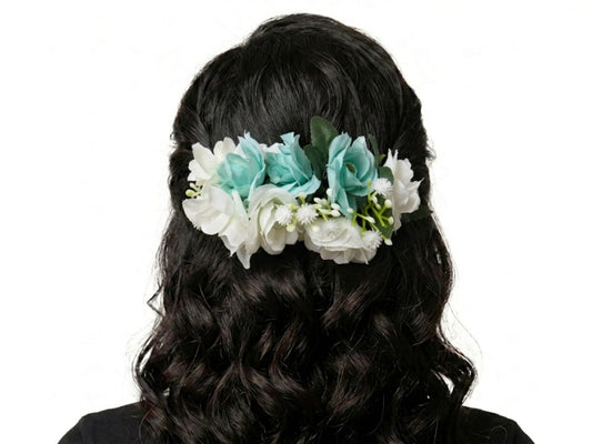 Tocados Cuequeros de Flores – Cintas y Peinetas Folclóricas para Fiestas Patrias BLANCO CELESTE