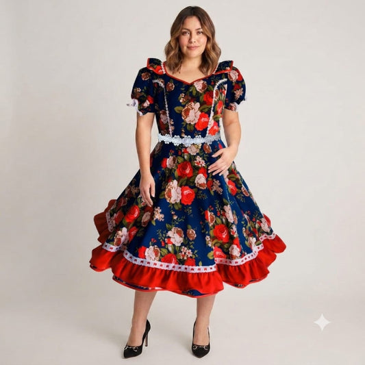 Vestido de Cueca TALLA L – Azul Floreado