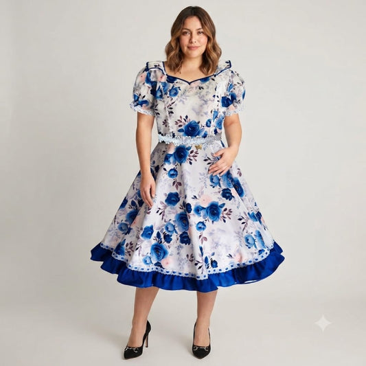 Vestido de Cueca TALLA L – Azul Rey Floreado