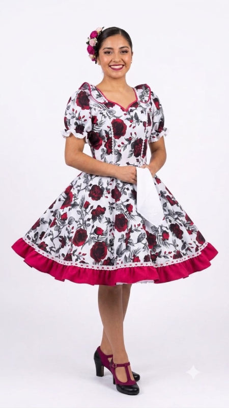 Vestido de Cueca TALLA M Floreado Blanco