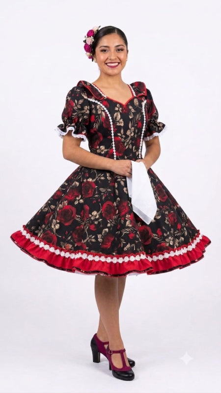 Vestido de Cueca TALLA M Floreado Negro