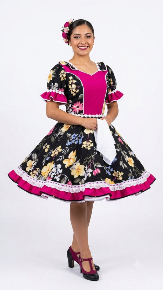 Vestido de Cueca TALLA Standar Tela Sofia Elasticada Negro Fucsia