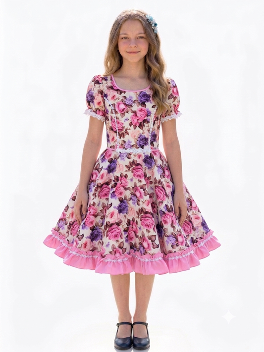 Vestido de Cueca para Niña –  TALLA 12 Rosa Floreado