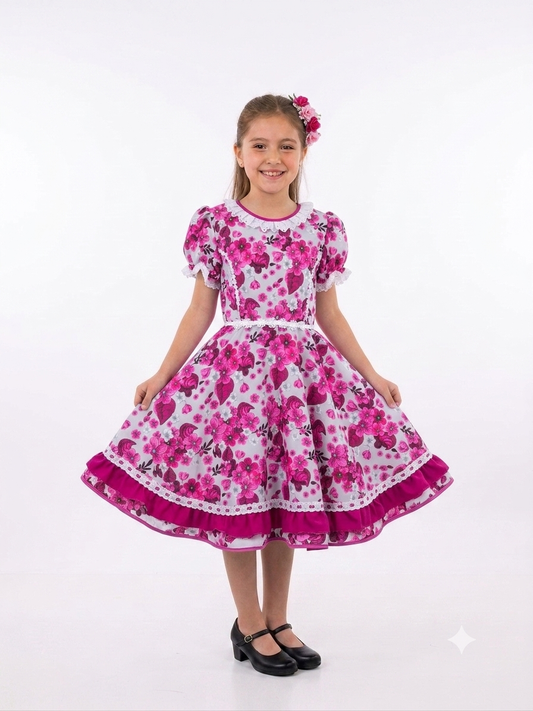 Vestido de Cueca para Niña – TALLA 10 Fucsia Floreado