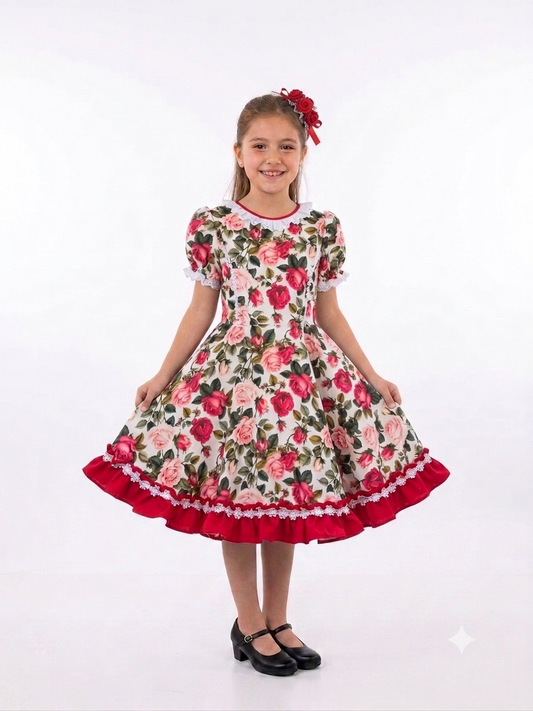 Vestido de Cueca para Niña – TALLA 10 Rojo Floreado