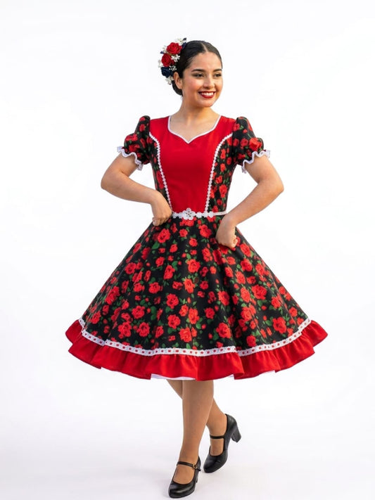 Vestido de Cueca TALLA Standar Tela Sofia Elasticada Negro Floreado